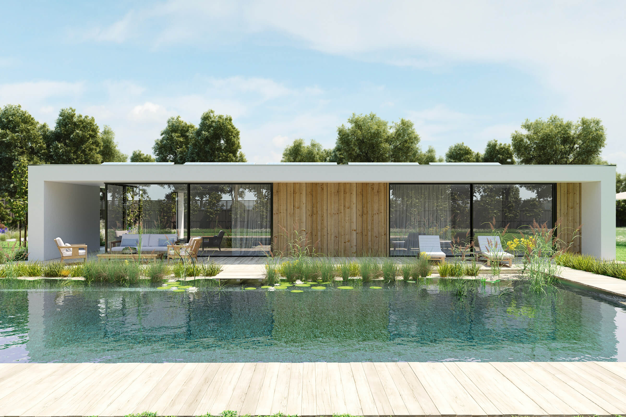Outdoor space with a swimming pool, surrounded by lush decorative plants and greenery, with lounge chairs and a table for relaxation.
